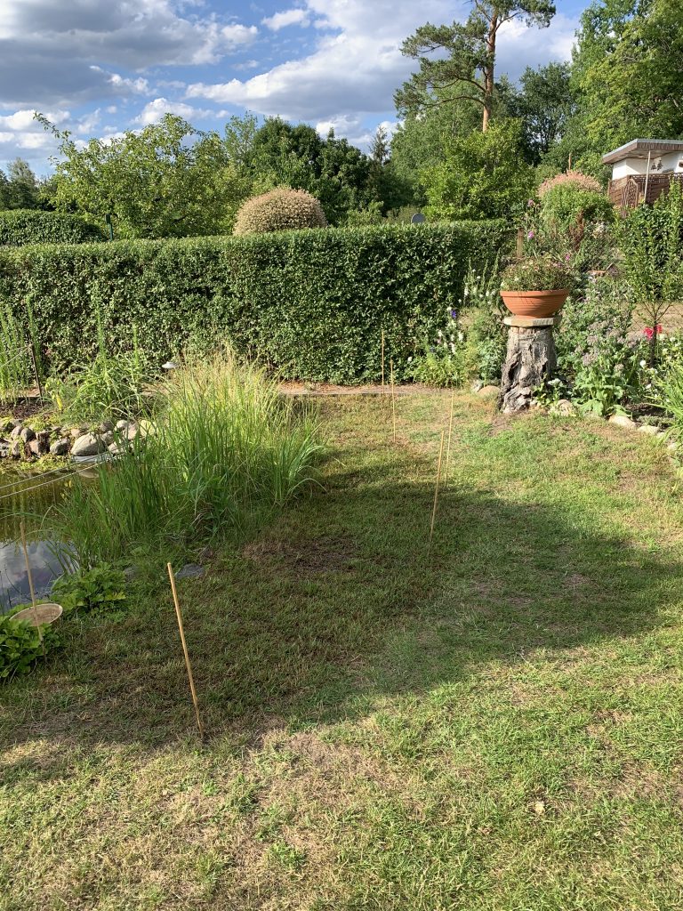 Der bearbeitete Bereich wurde abgesteckt, damit der später wachsende junge Rasen nicht gleich wieder plattgelatscht wird